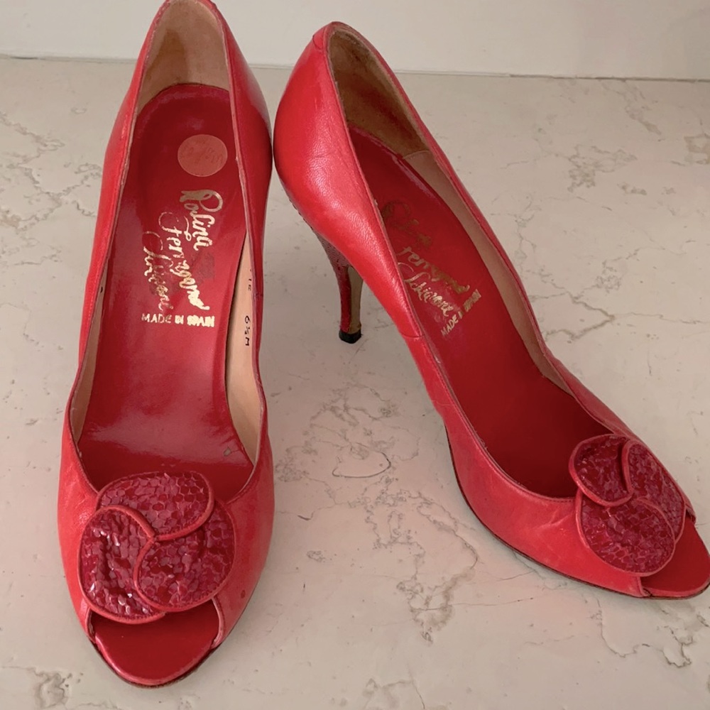 Rosina Ferragamo Schiavone Red “Evie” Peep-toe Pumps 6 1/2